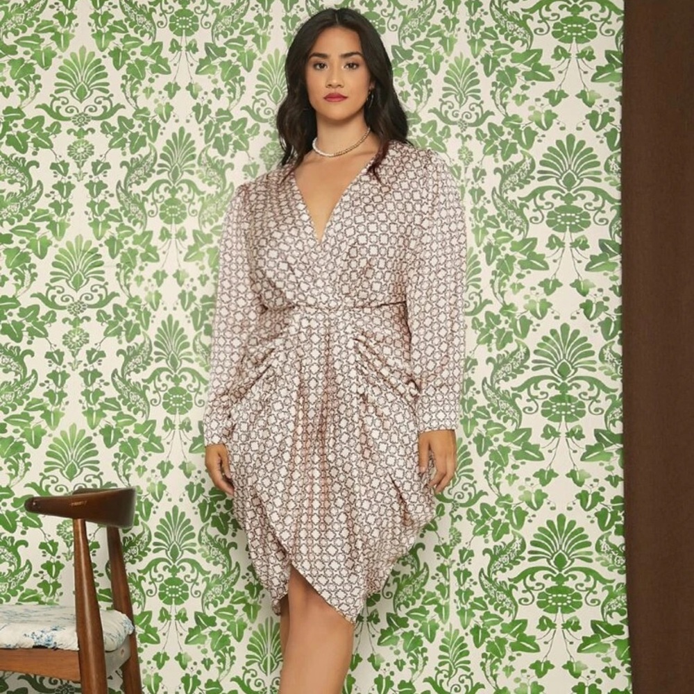 Shein printed wrap dress!! Never worn!! Color: khaki, size 0XL